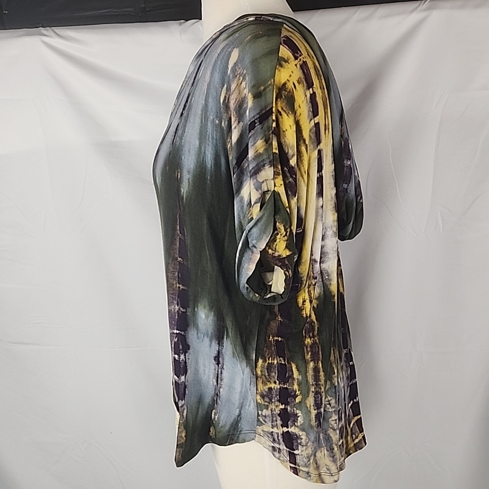 Coin 1804 Hooded Top Women Sz 1X Hand Tie Dye Kangaroo Pocket Boho Short Sleeve - Picture 2 of 11
